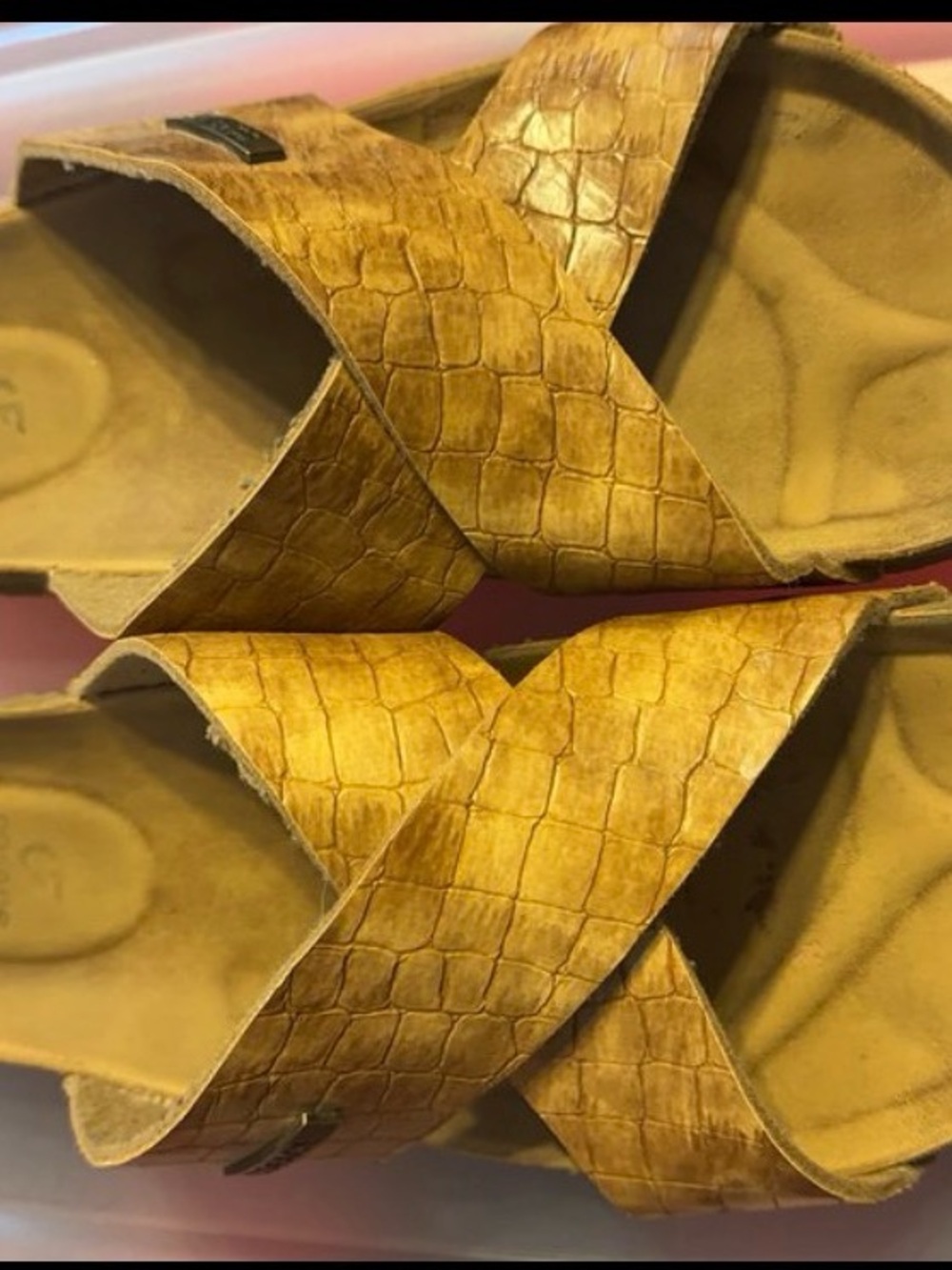 Othr Croc-Embossed Mustard Slip-On Crossover Sandals